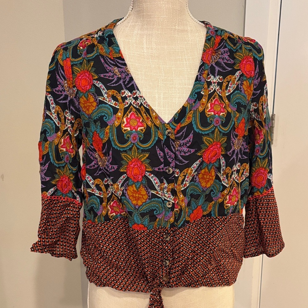 MAEVE Anthropologie "Carter" Mixed Print Tie-Front Blouse